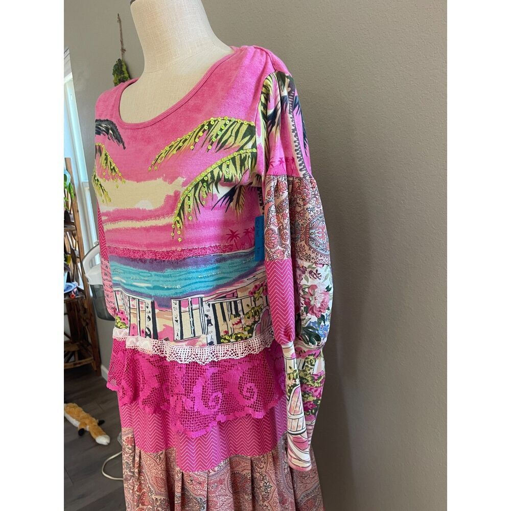 Upcycled Pink Boho shabby chic maxi dress with mutton chop sleeves Size M-L - Picture 3 of 5